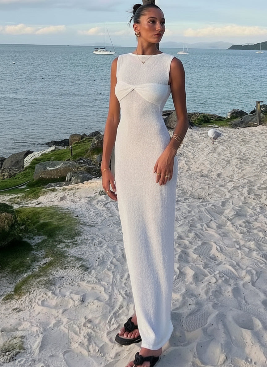 Summer Beach Knit Maxi Dress for Women Cover-Up Pink Sleeveless Twist Sundress Knitwear See-Through Maxi Bodycon Dress New